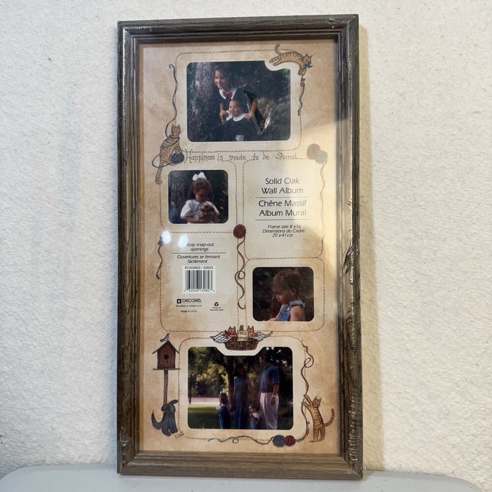 Solid Oak Wall Album Easy Snap-Out Openings Frame Size 8” X 16” Kittens & Dog